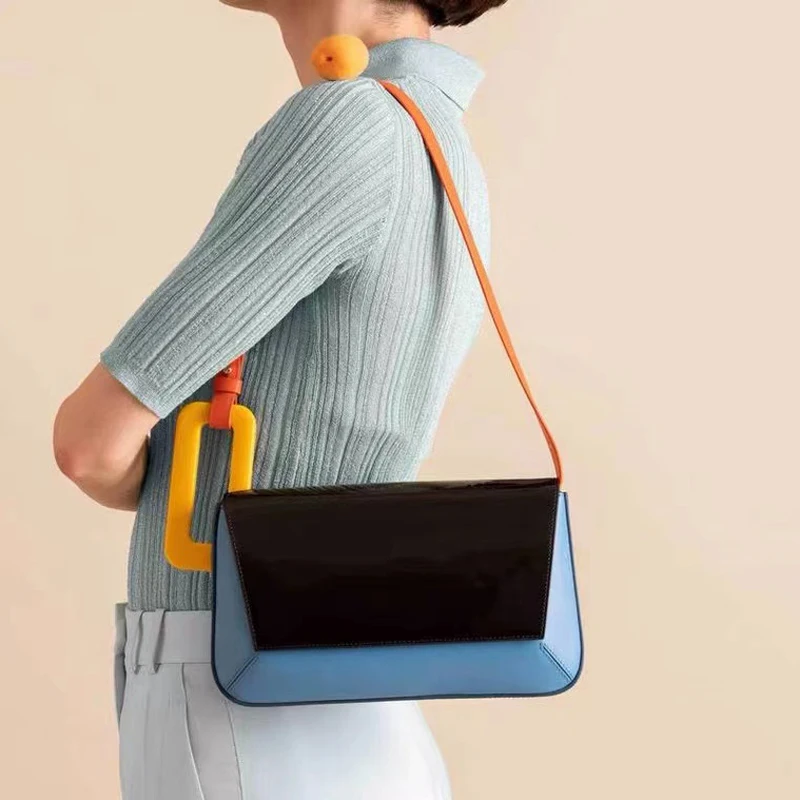New Contrast Stitching Female Designer Handbags Long Panelled Flap Luxury Acrylic Shoulder Fashionable Purses Clutch Party Bag