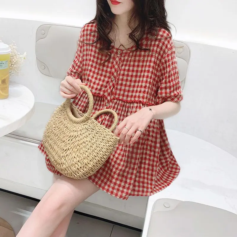 Sweet Plaid Loose Shirt Tops Summer New Short Sleeve Button Thin All-match Youth Fashion Blouse Vintage Casual Women Clothing