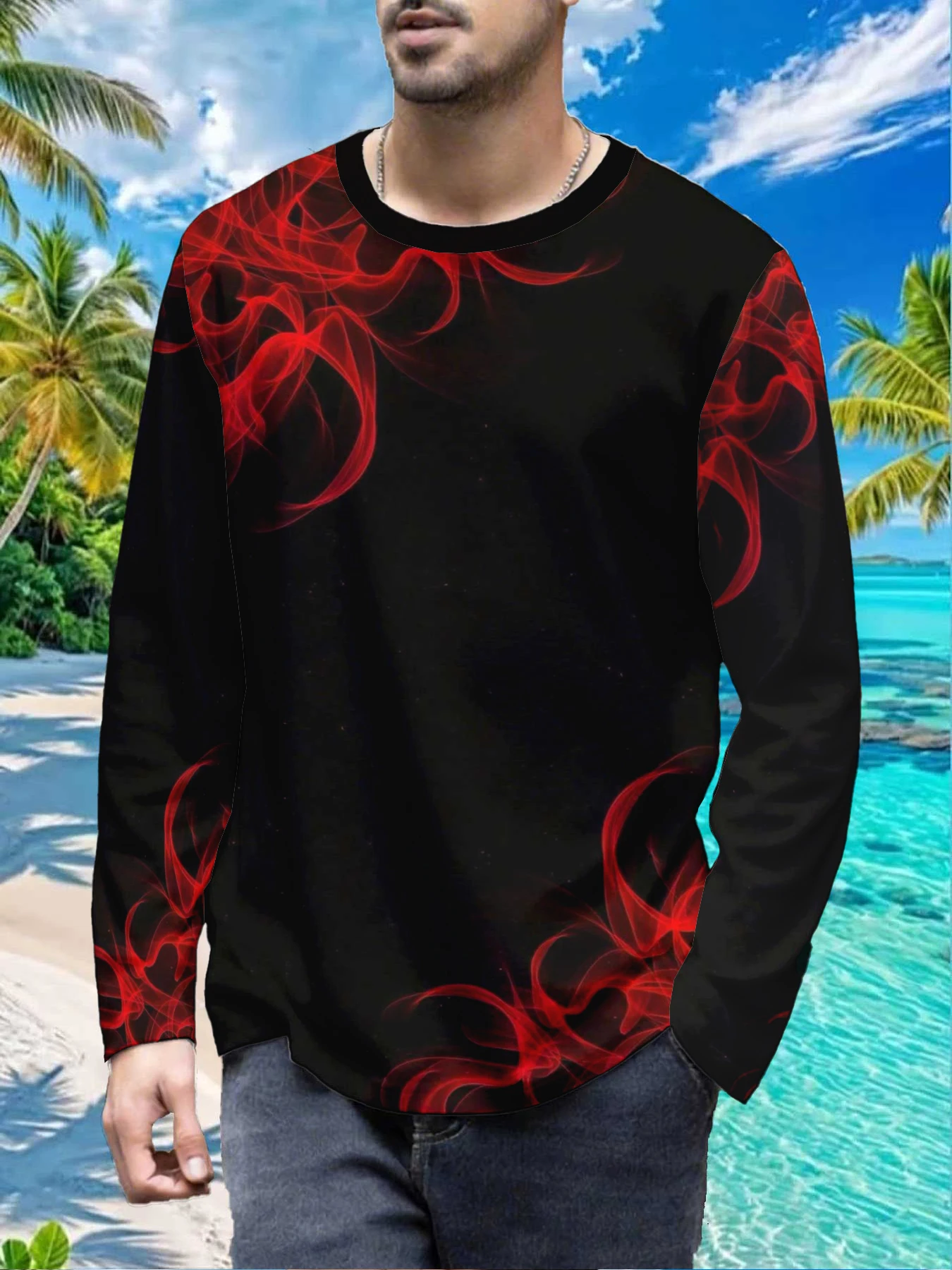 Gothic Red Flame Black Abstract Mens Polyester Long Sleeve T Shirt Smoke Fire Print Graphic Tee Casual Streetwear Breathable Fal