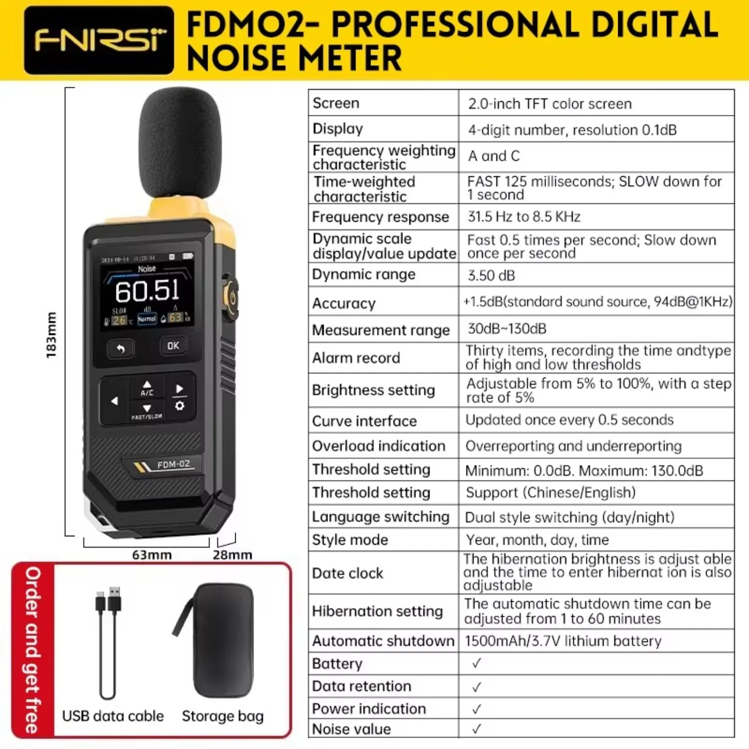 FNIRSI FDM-02 Handheld Decibel Meter 30-130dB Curve Recording Temperature Humidity Monitoring Industrial Noise Monitor