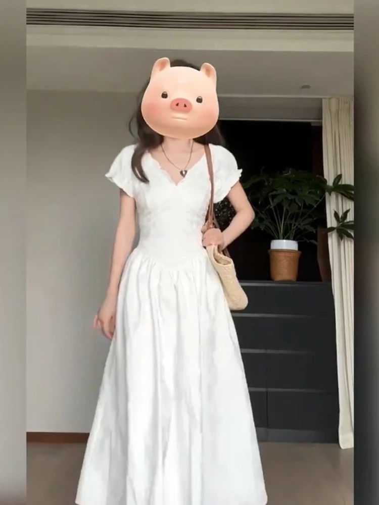 

Ele White Embroidered V-Ne Long Dr for plus Size Women Summer High-End Slimming A-Line Skirt Casual Polyester Fiber