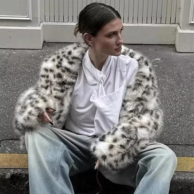 ترينديكس فو الفراء ليوبارد طباعة معطف للنساء شتاء جديد دافئ كم طويل سترة سترة موضة الشارع ملابس خارجية غير رسمية