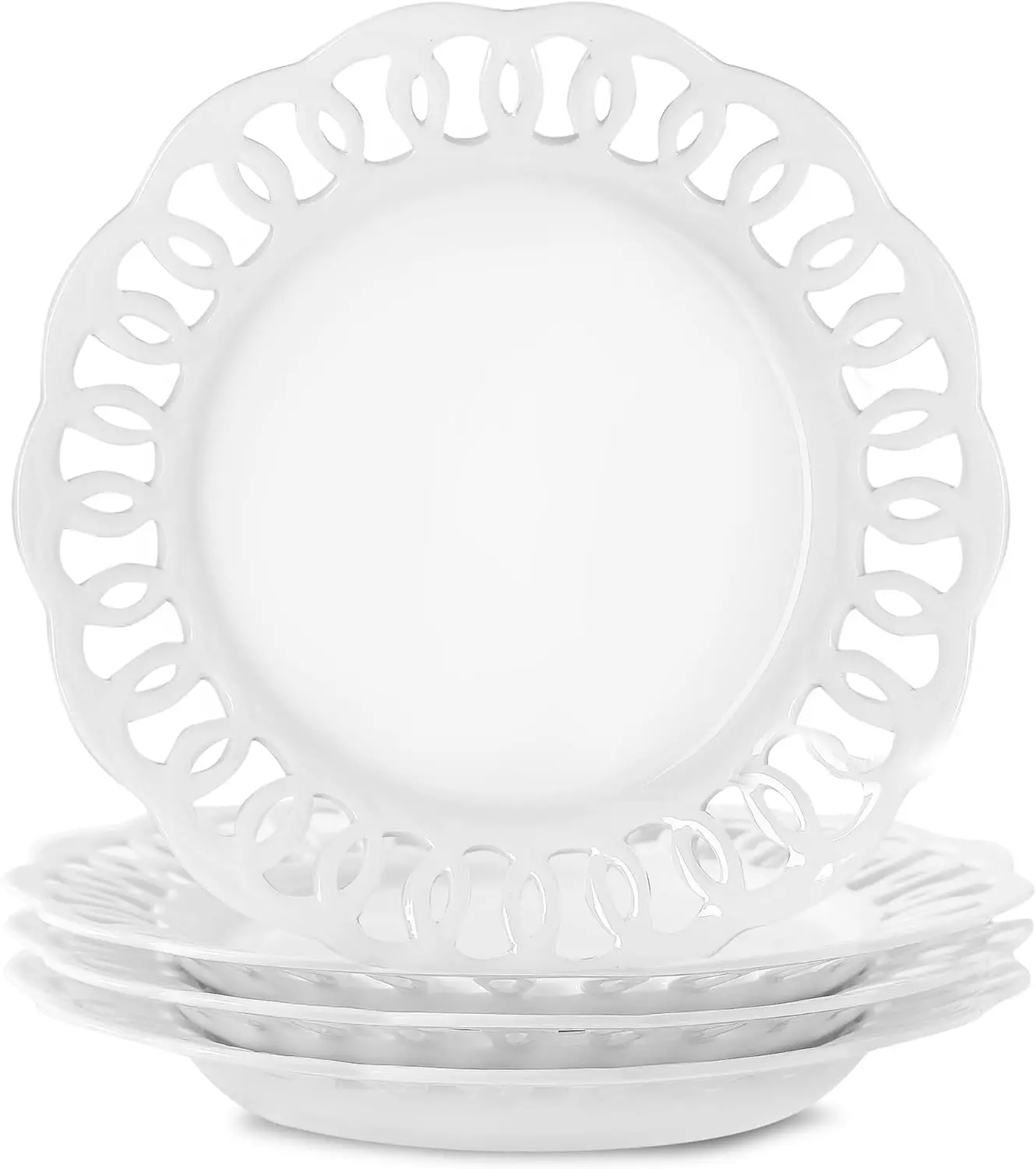 Paquete de 4 platos de porcelana de hueso blanco de 10" con borde de encaje y diseño hueco, borde festoneado para uso diario o ocasiones especiales