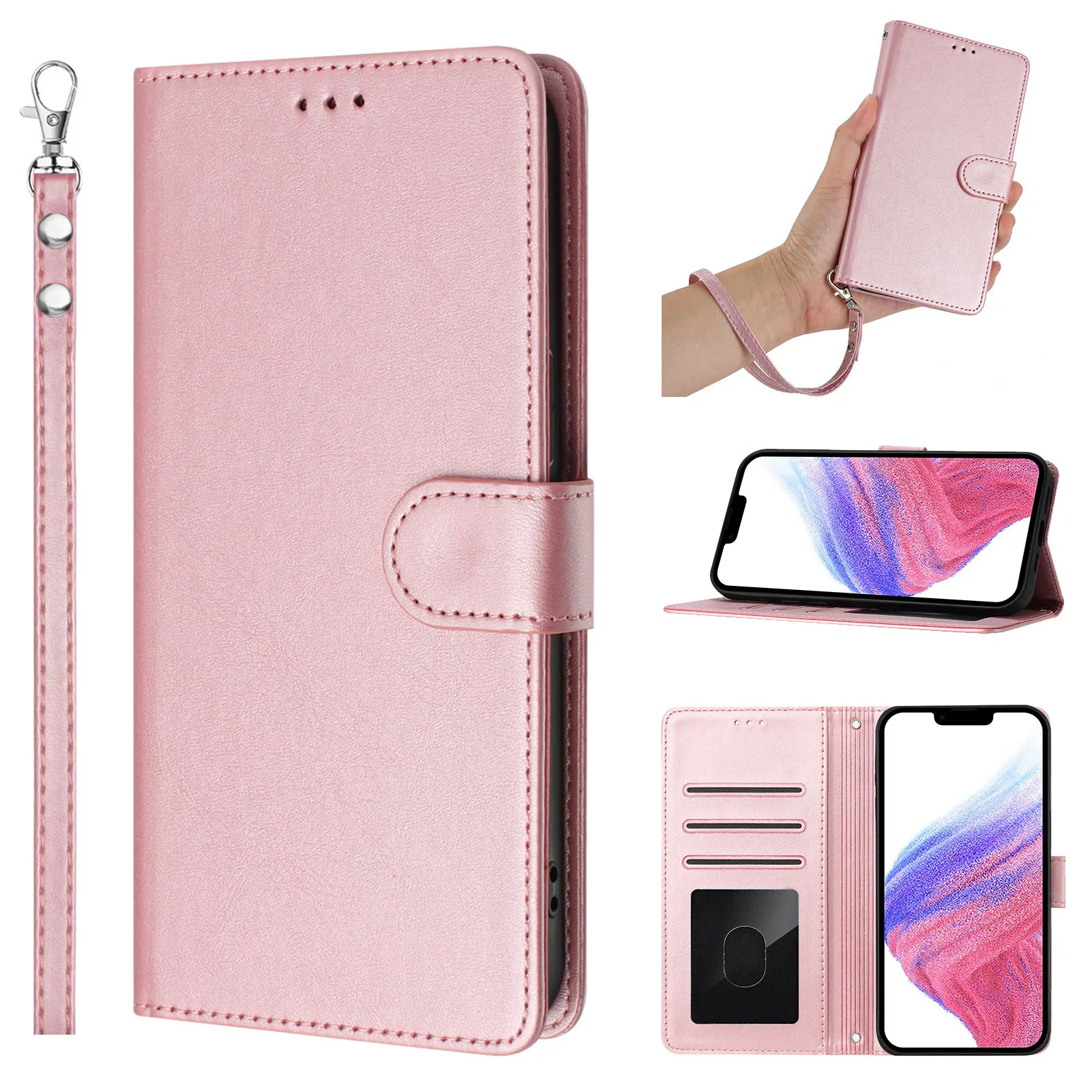 Carteira de couro com alça de pulso, cordão crossbody, 3 cartões de capa, Samsung Galaxy S24 Ultra, S23, S22, S21, S20 Plus, FE, S10, S9, S8