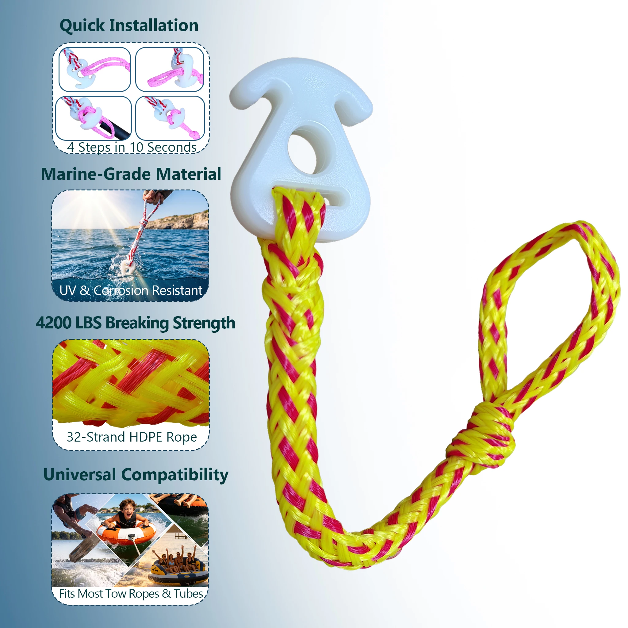 IDAOVLAI Yellow-Red Boat Tube Towable Rope Quick Connector, 20-inch for 1-4 Rider Towables - Watersport Accessories