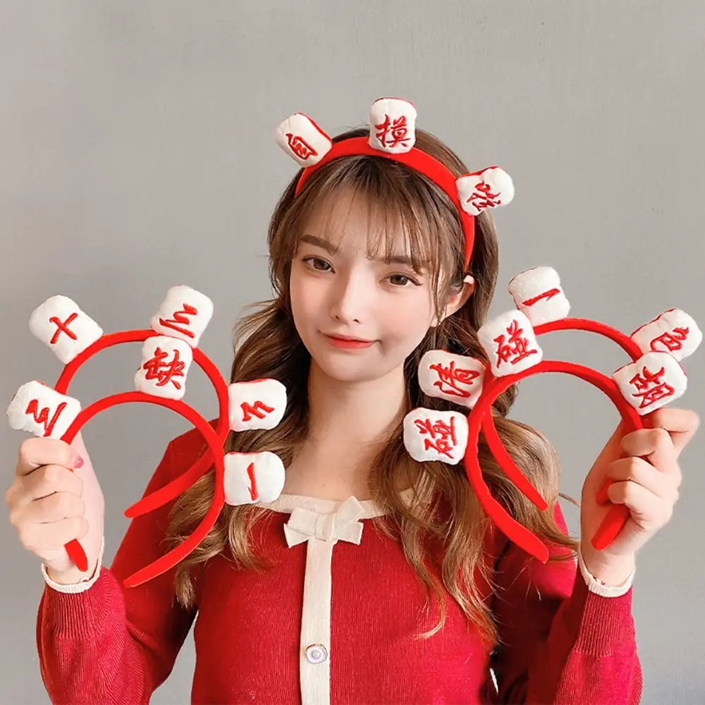 

Winter Plush Headband Chinese Characters Happy New Year For Girls Hair Hoop Korean Head Wrap Mahjong Headband Women Hairband