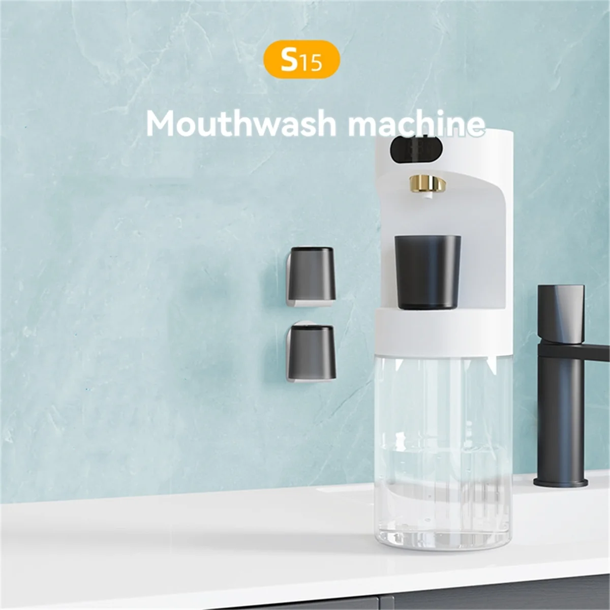 CLCUV Dispensador automático de enjuague bucal, 500 ml sin contacto montado en la pared y encimera, con vasos magnéticos para niños y adultos Negro