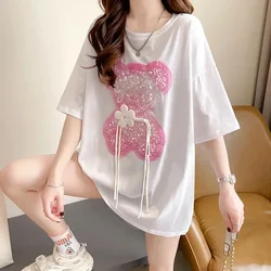 Summer Cotton Short Sleeve T Shirt Bear Sequins Korean Fashion Women for T-shirts Streetwear Clothes Women Luxury Y2k Top