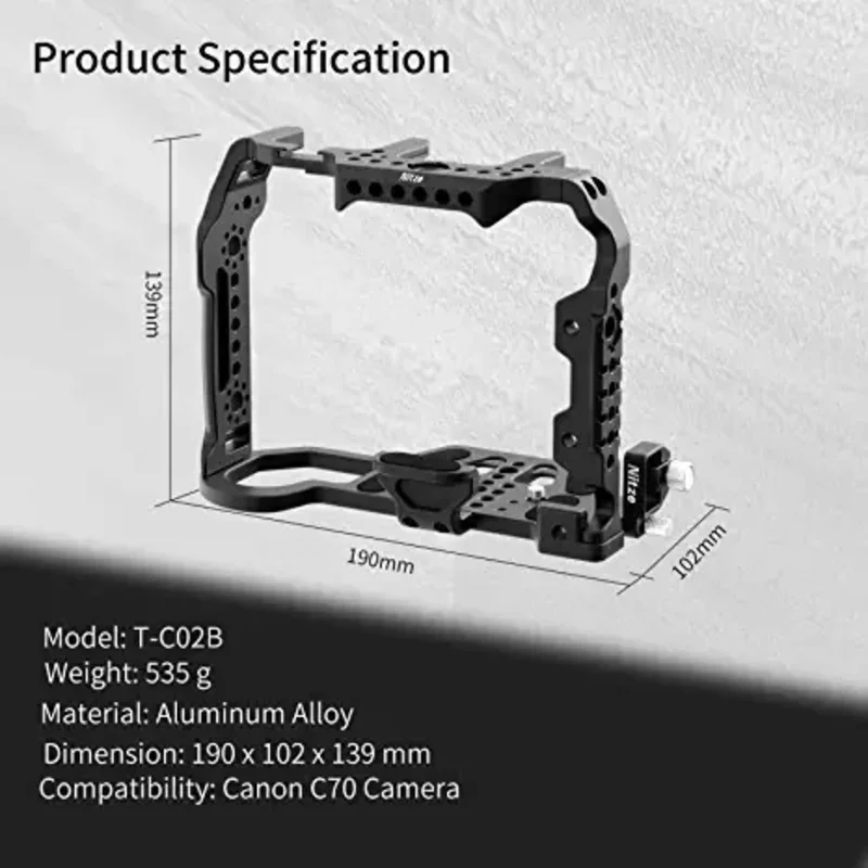 NITZE T-C02B C70 Camera Cage with PE20 HDMI Cable Clamp, Built-in Lens Adapter Support and NATO Rail for Canon EOS C70 Camera