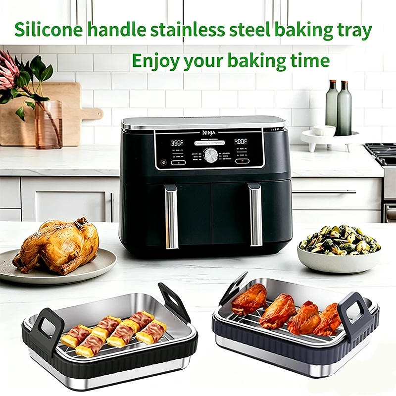 New Arrival Kitchen Cooking Utensil Air fryer accessories Double-Tier Stainless Steel Baking Pan with Rack in Set -