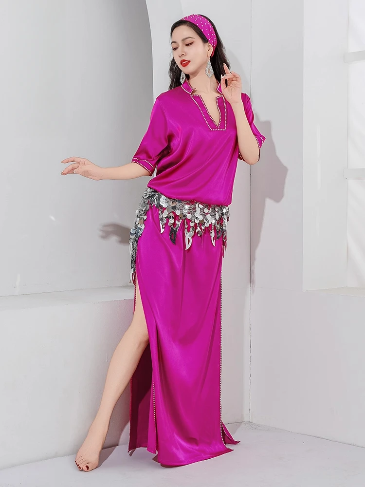 Traje de danza del vientre ligero de lujo Folk Baladi satén bata de taladro caliente traje de actuación de práctica de danza Oriental