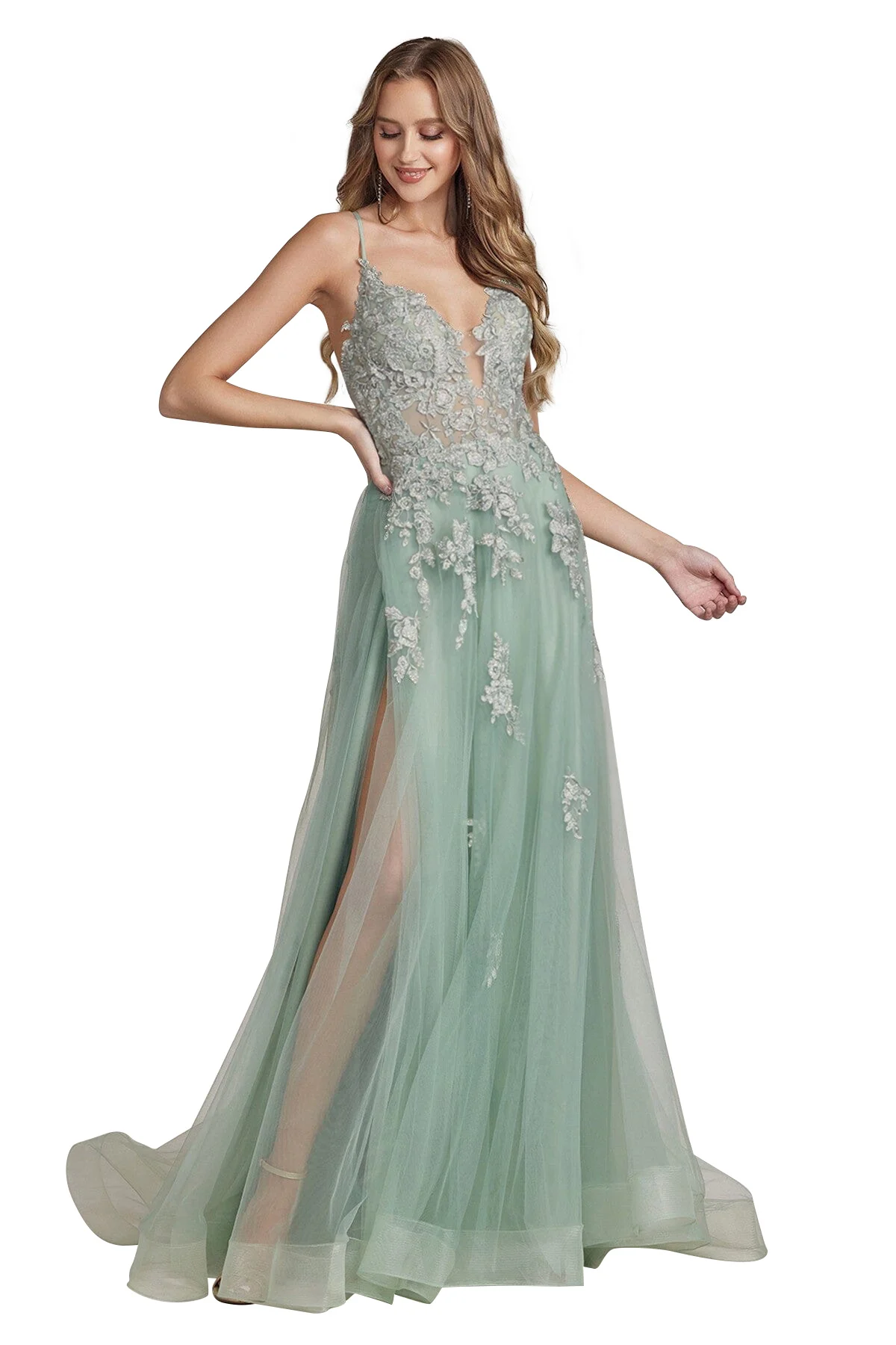 Sage Green Tulle V-neck A-line Evening Dresses Flower Appliques Lace Ruffles Long Spaghetti Straps Lace Up Backless Party Dress