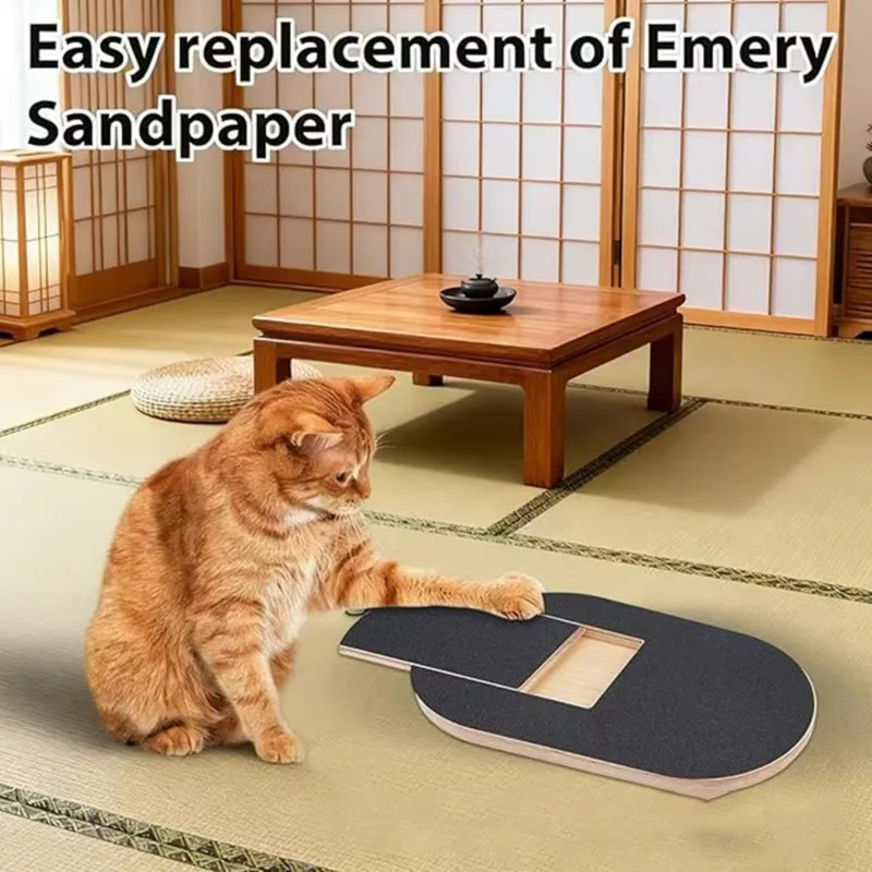 B97A-Oval Solid Wood Dog Scratch Pad With Treat Drawer-Pet Scratch Board, Stress-Free Scratch File Board