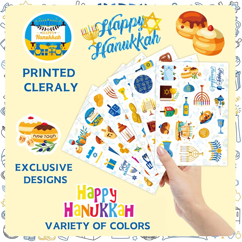 6/12 Sheets Happy Hanukkah Stickers Jewish Candles Paper Seal Labels for Gift Box DIY Decoration Kids Hanukkah Party Supplies