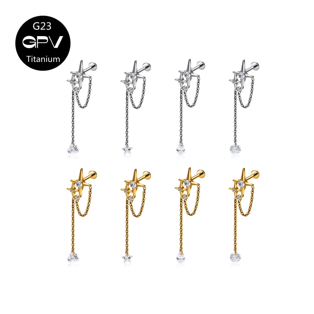 

G23 F136 Titanium Star Ear Cartilage Nail Chain Pendant Cross 5A Zircon Earnail Women's Perforated Jewelry