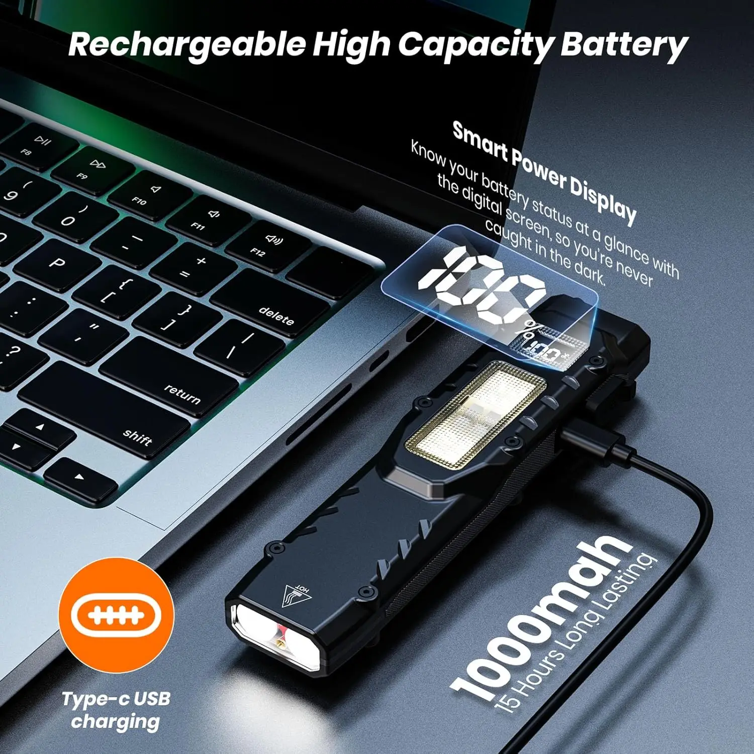 مصباح يدوي تكتيكي eDC، 1100LM مصباح يدوي مسطح LED قابل لإعادة الشحن مع مشبك وشاشة رقمية، مصباح جيب للتخييم في حالات الطوارئ #5