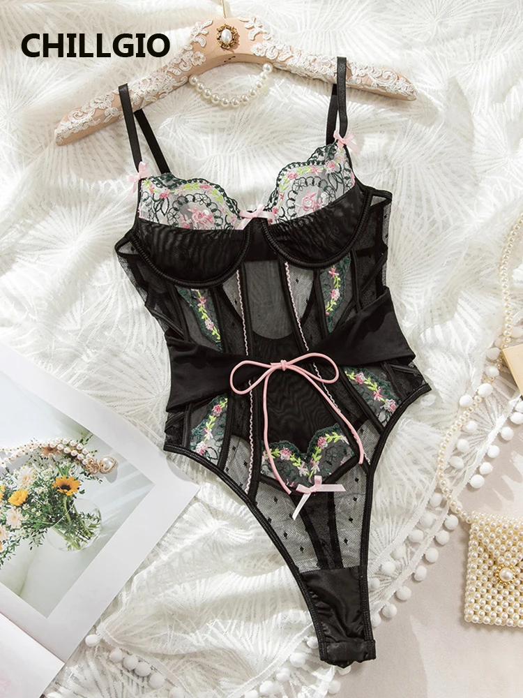 

CHILLGIO Women Sexy Embroidered Floral Polka Dot Mesh Bodysuits Fashion Bodycon One Piece Combination Strappy Rompers Lingerie