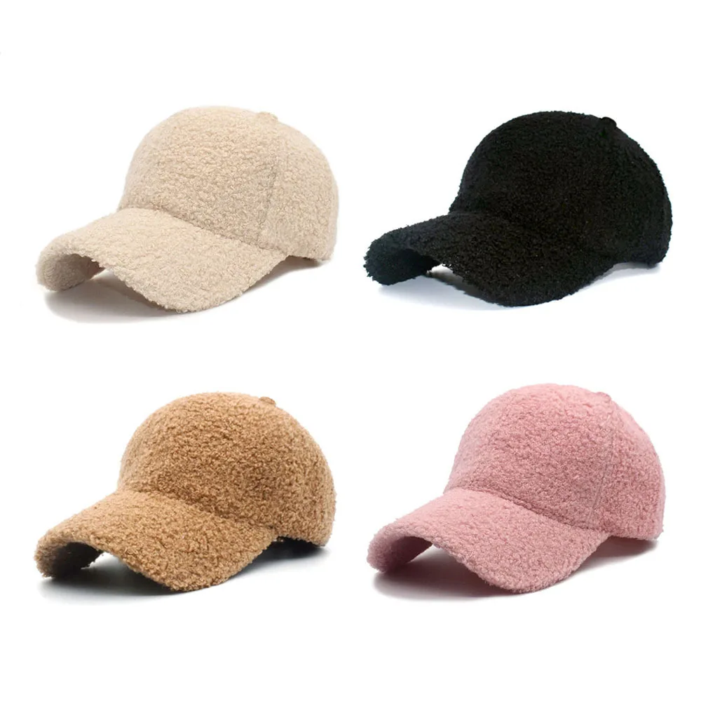 1pc Men Women Sherpa Textured Baseball Hat Soft Fuzzy Plush Curved Brim Back Cap Solid‑Tone Headpiece for Winter Outfit Matching