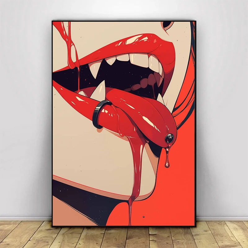 Classic Sexy Vampire Red Lips Sharp Teeth Tongue Gothic Anime Posters Canvas Paintings Wall Art Pictures Living Room Home Decor