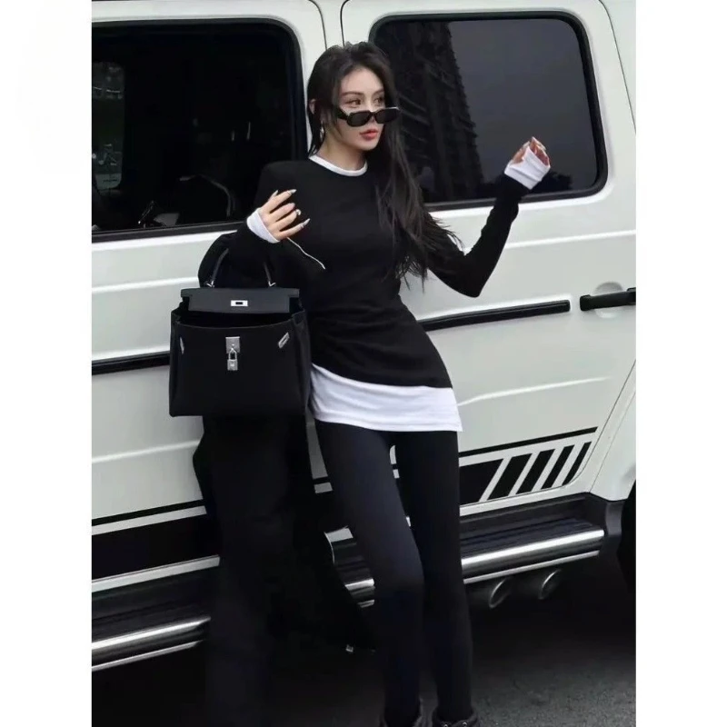 

Drawstring Contrast Patchwork Slim Trend Tops Spring Autumn Long Sleeve Irregular Fashion T Shirts Casual Korean Women Clothing