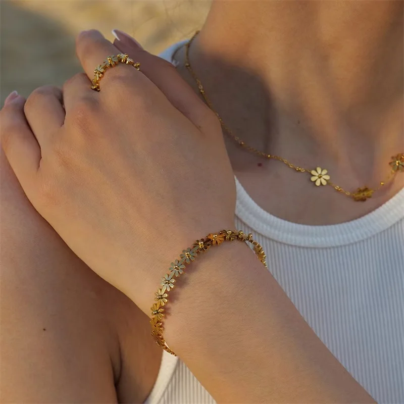 EILIECK 316L Edelstahl Blumenherz Zirkonia Halskette Armband Ohrringe Set für Damen Trendiger Goldener Wasserdichter Schmuckset – Detail 9