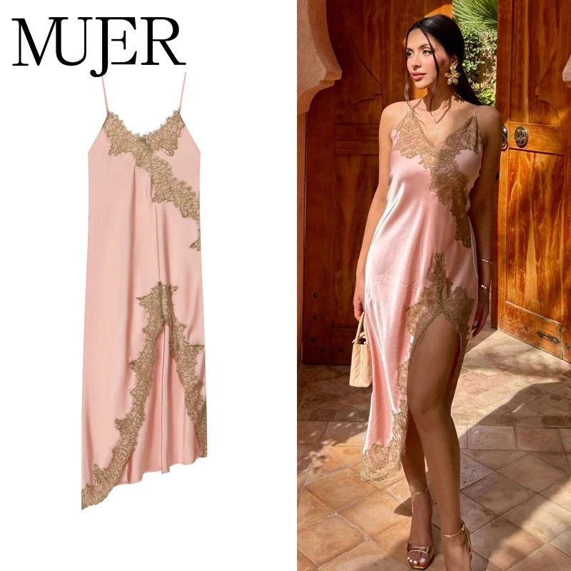 MUJER Satin-Spitzen-Midikleid für Damen, asymmetrisches, langes Slip-Kleid für Damen, sexy, rückenfreies Sommerkleid für Damen, Trägerkleid, Partykleid