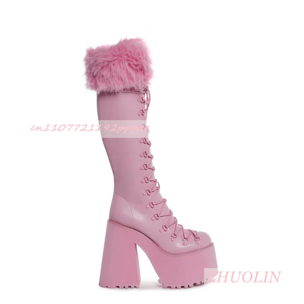Women Platform Boots Knee High Lace Up High Heel Shoes Pink Faux Fur Trim Chunky Heel Winter Fashion Casual Party Boots Ladies - view 6