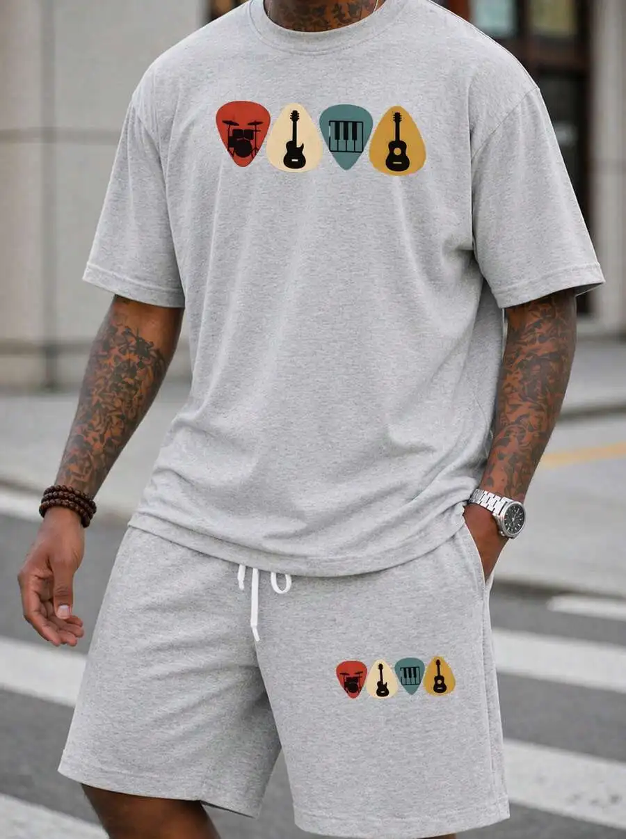 Men S 2 Piece Oversized T-Shirt Shorts Set Musical Instrument Pi Graphic Streetwear Casual Outfit view 3