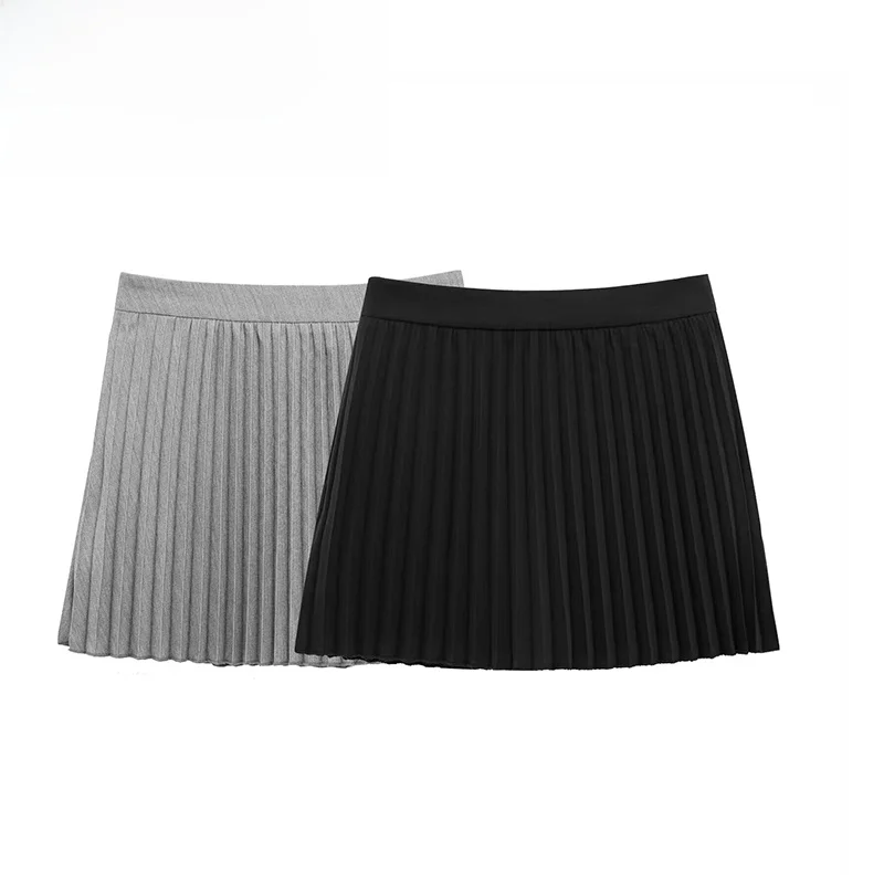 

ZBZA Spring New Women's Faion Design Two-color Wide Pleated Skirt Pants High Waist Polyester Knitted ort A-line Skirt