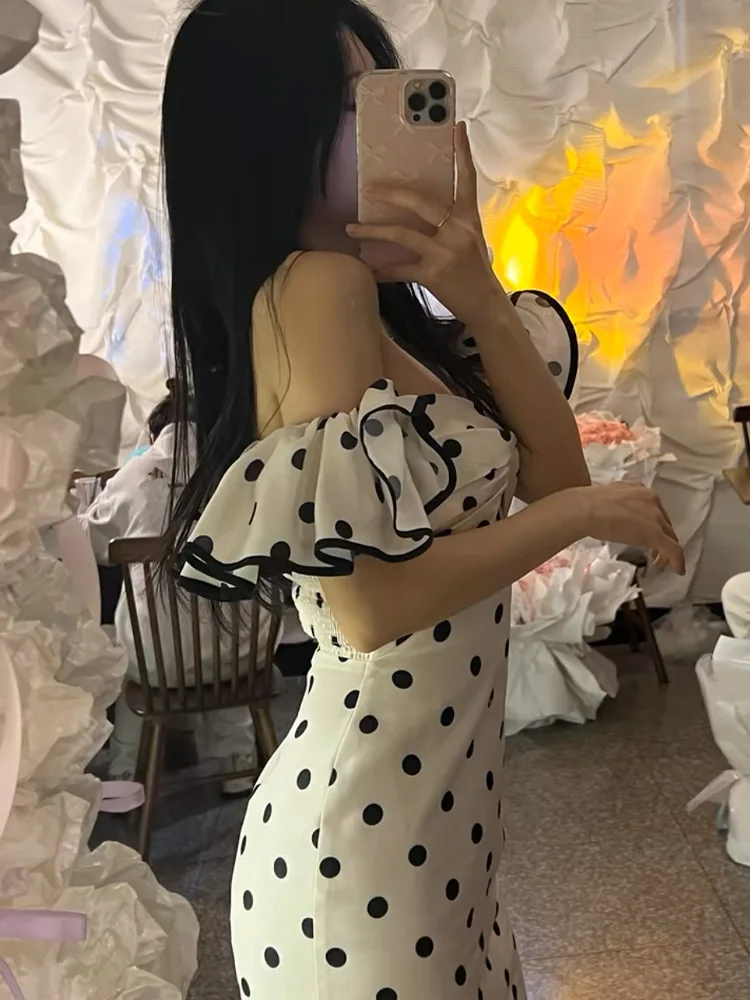 

HH женское сексуальное черно-белое плиссированное мини-платье в горошек с открытой спиной и украшением женское весеннее вечернее платье на бретельках на молнии без бретелек