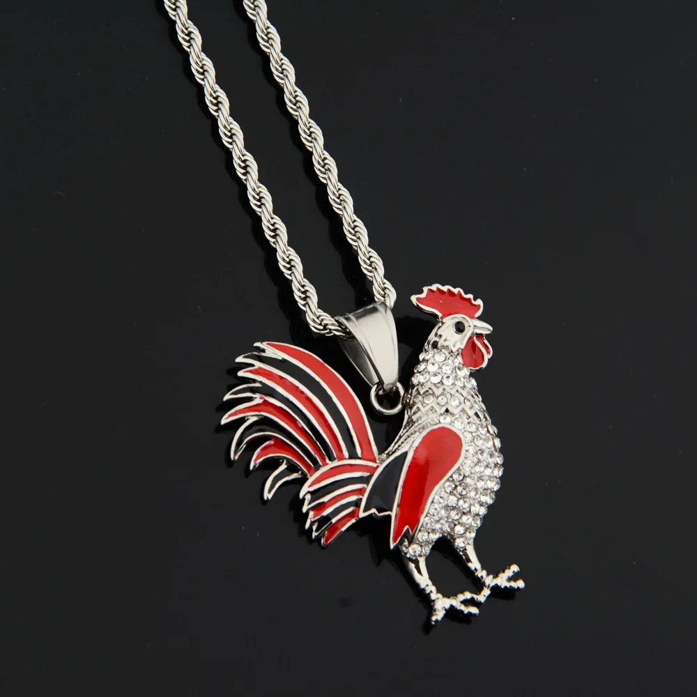 Hip Hop Rhinestones Paved Bling Iced Out Stainless Steel Cock Rooster Pendants Necklace for Men Rapper Jewelry Drop Shipping