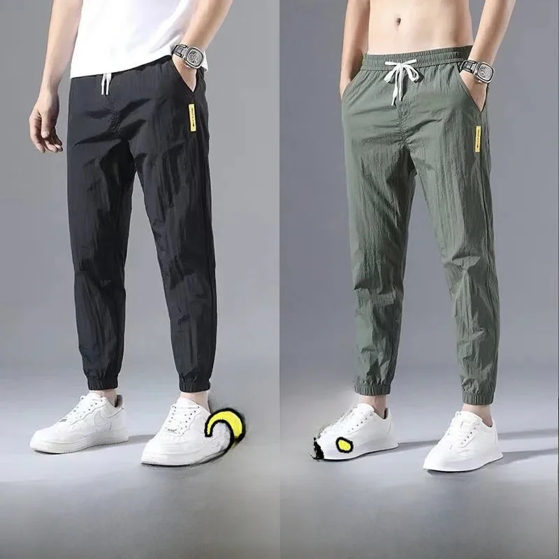 

Мужские летние тонкие повседневные спортивные брюки из ледяного шелка, быстросохнущие, свободного кроя, укороченные (до щиколотки), с манжетами, для активного отдыха, плоское плетение, молодежные