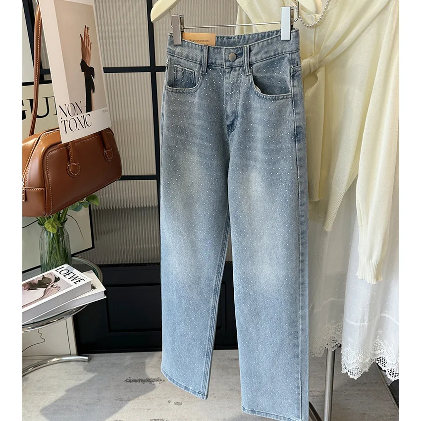 

High Waist Straight Leg Denim Jeans Women's High Quality Heavy Embellished Summer New Arrival European Style Slimming Wide Le...
