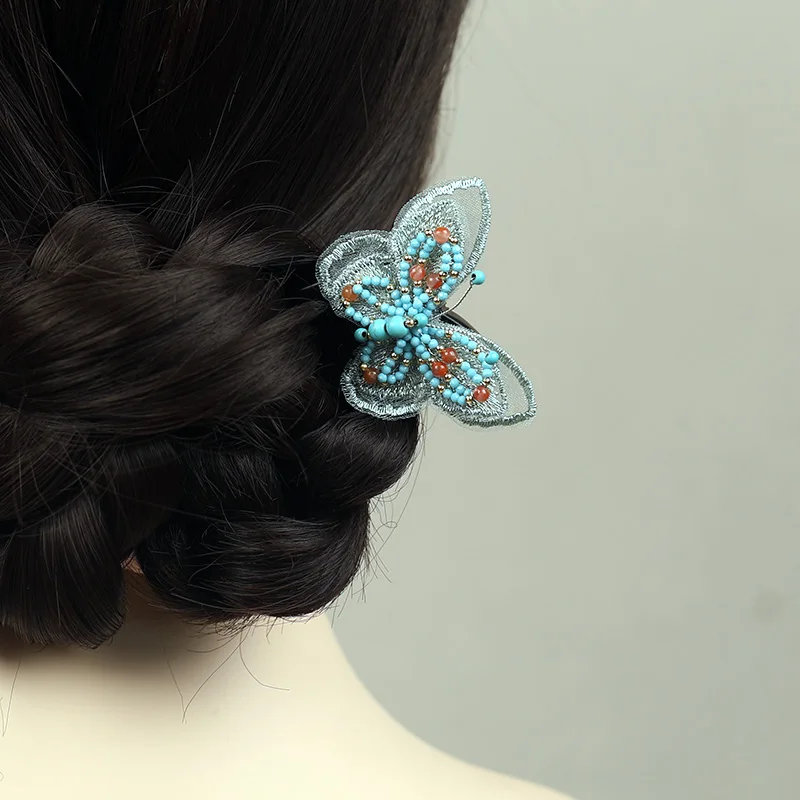 Jepit rambut kayu cendana kupu-kupu bordir kelas atas antik hiasan kepala kain jepit rambut gaun kuda jepit rambut retro