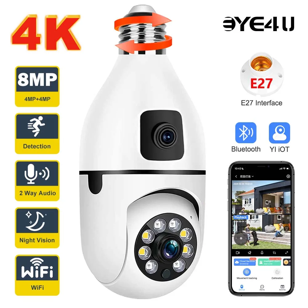 4K 8MP E27 Bulb Camera WiFi Indoor Dual Lens Wireless PTZ Cams Smart Home Auto Tracking CCTV Video Surveillance Security Camera