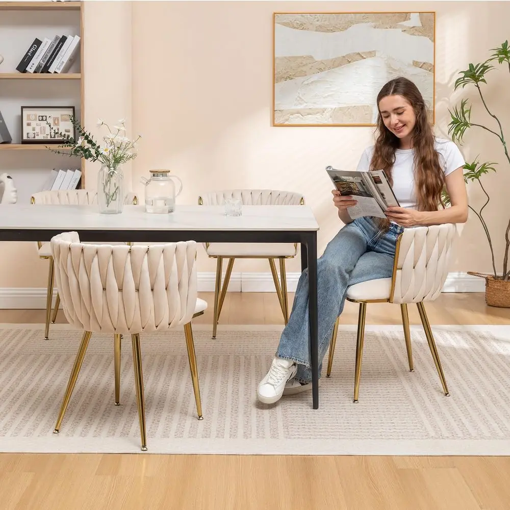 

Комплект из 4 обитых бархатом современных обеденных стульев с плетеным сиденьем и золотыми металлическими ножками для гостиной, спальни