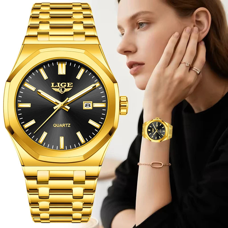 LIGE New Gold Quartz Watch For Women Casual Sports Luminous Women Watch Creative Steel Waterproof Date Chronograph Reloj Mujer