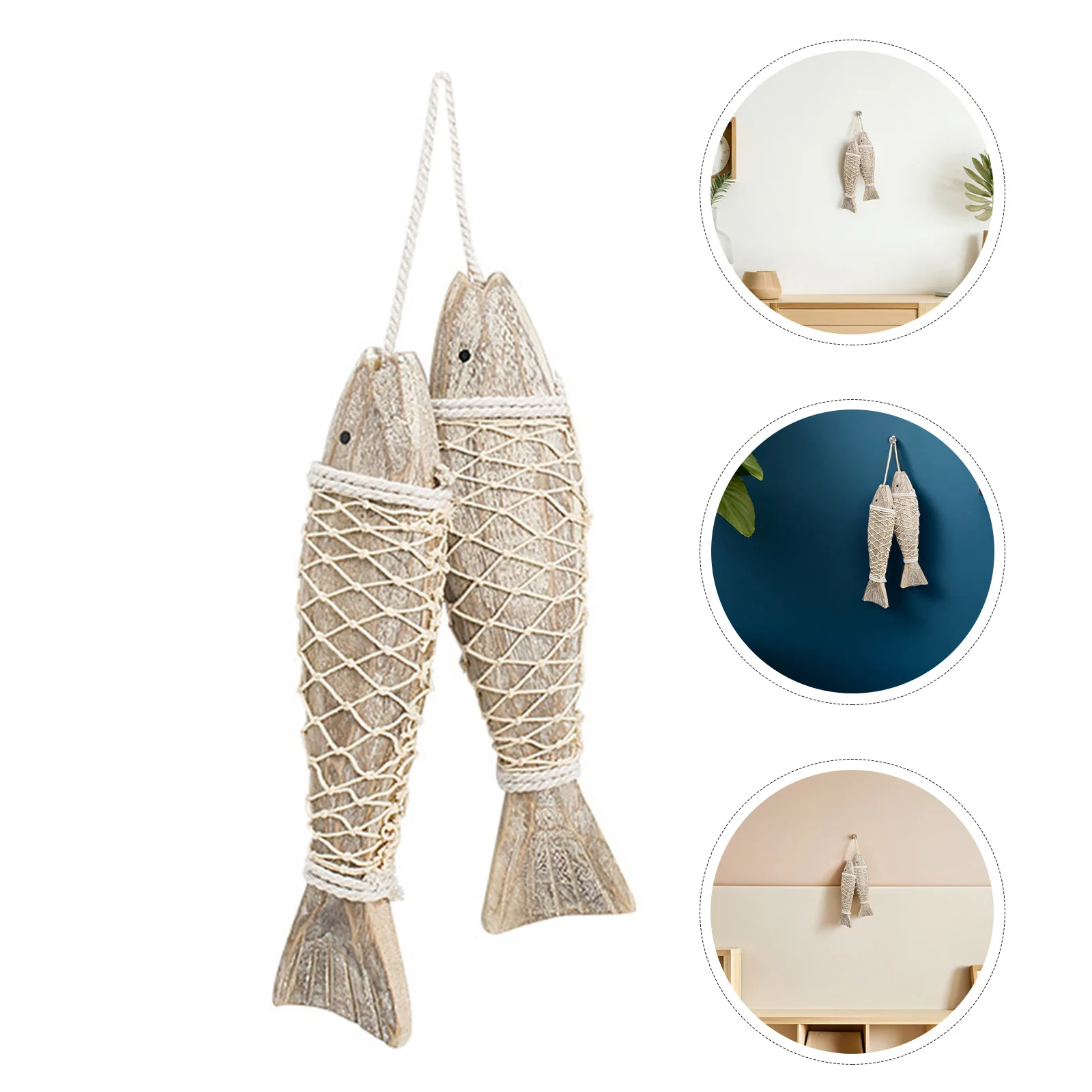 

2 Strings Mediterranean Wood Fish Decor Vintage Hand-Carved Nautical Hanging Ornament for Rustic Coastal Home Beach Party
