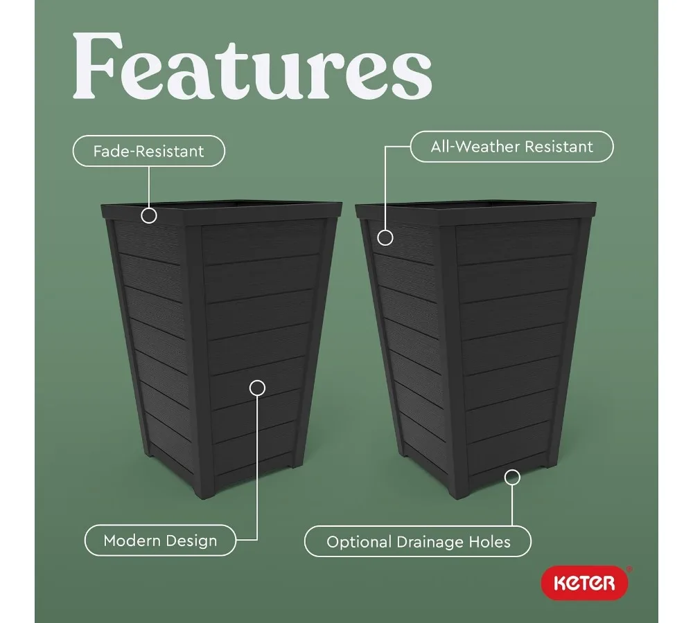 مجموعة من 2 أوعية زهور كبيرة حديثة خارجية بطول 22 بوصة، مزارعي بمظهر خشبي مدبب لتزيين الحديقة