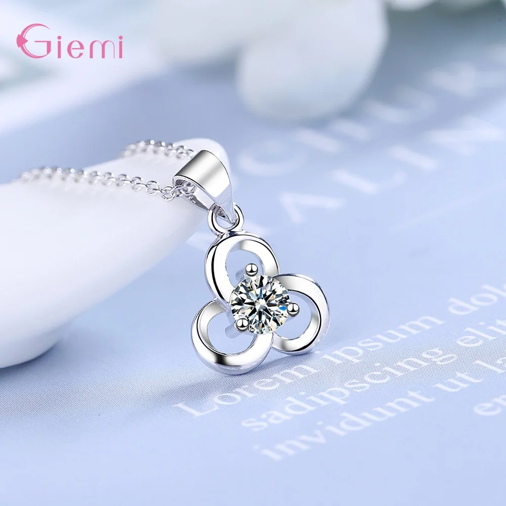 

Simple 925 Sterling Silver Three Leaf Clover Flower Zircon Crystal Pendant Necklaces For Women Girls Party Fashion Jewelry Gifts