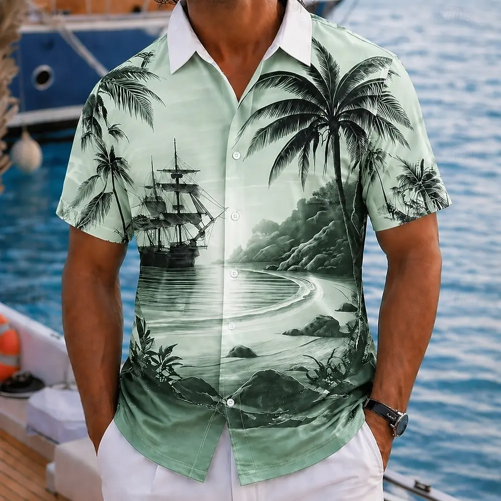 Multi Color Ink Coast Sailboat Men Shirts Thin Breathable Loose Lapel Tops For Beach Holiday Travel