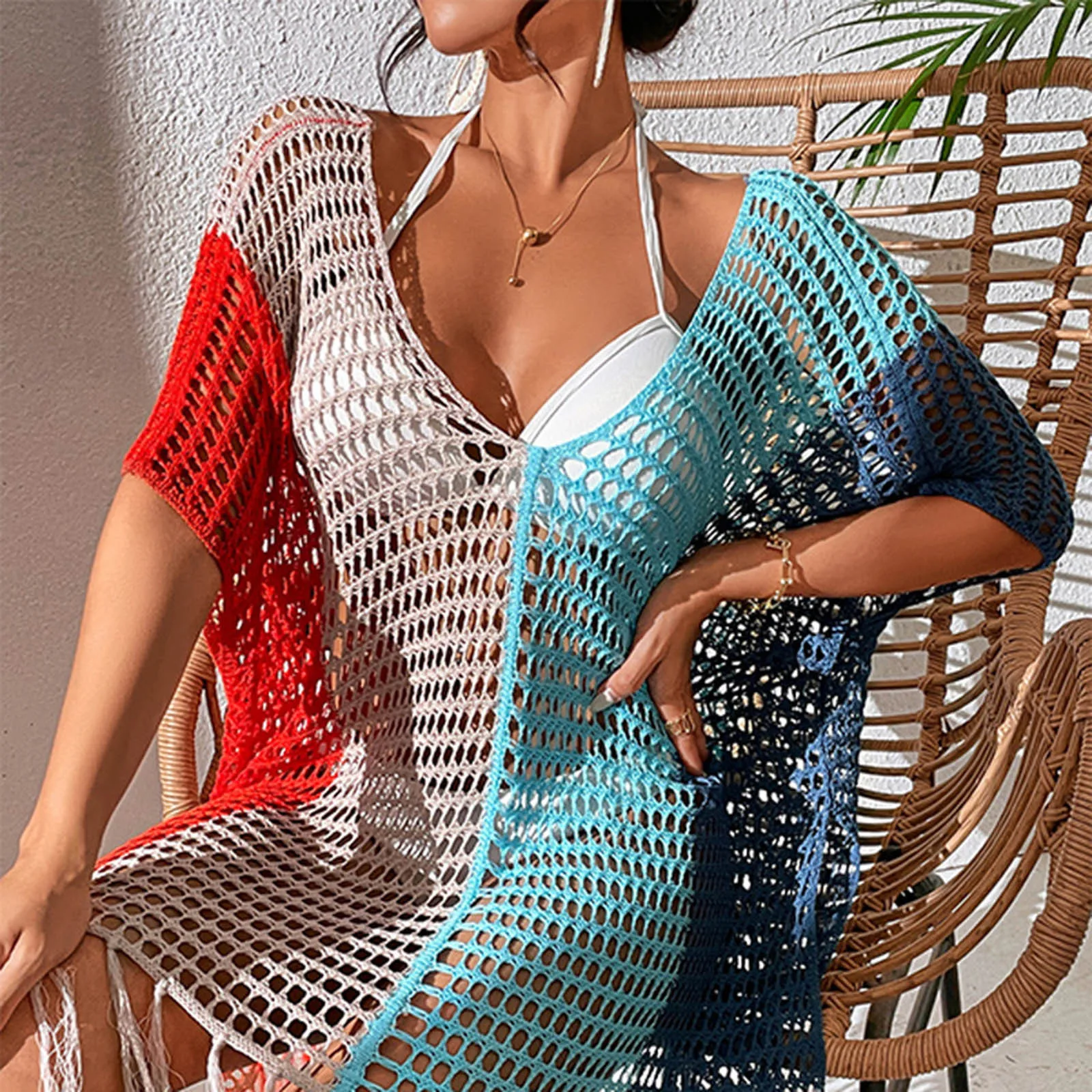 

Women's Swimwear Cover Up 2024 Summer New Fashion Colour Blocking Crochet Bikini Cover Up Sexy V-Neck Hollow Out Beach Dress