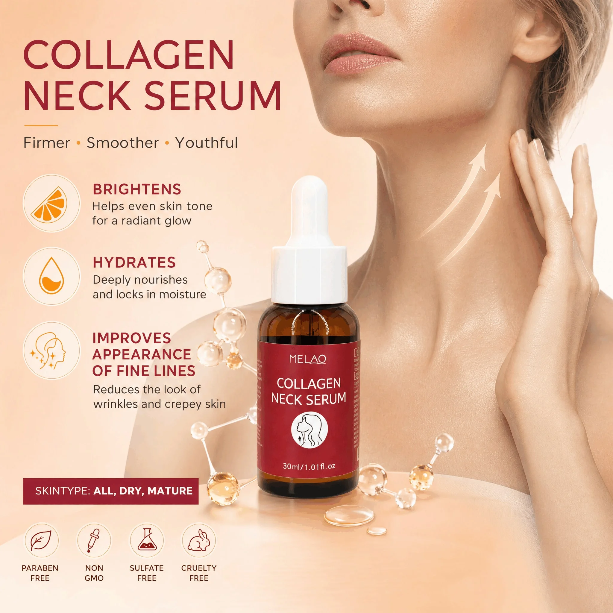 MELAO Collagen Neck Serum, Hydrating & Firming Neck Essence, Skin Care Serum for Tightening, Smoothing Fine Lines & Moisturizing