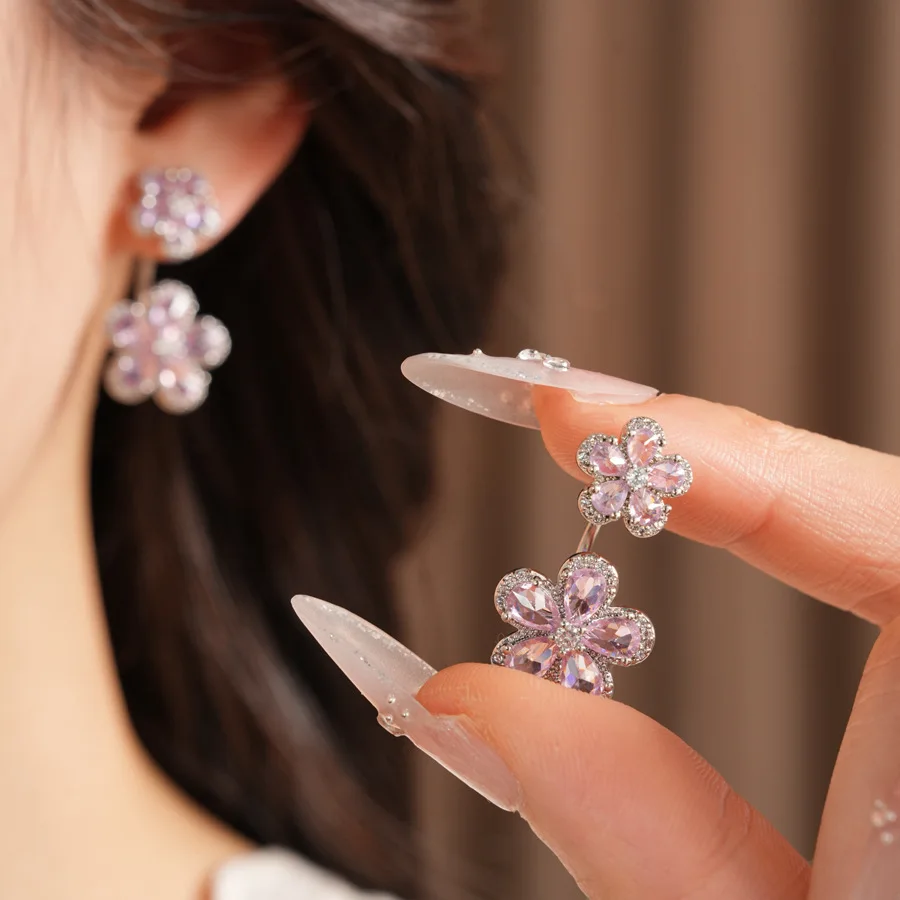 

Sparkling Pink Zircon Zircon Stud Earrings Women U-shaped Double Flower Drop Earrings for Evening Party Banquet Fashion Jewelry