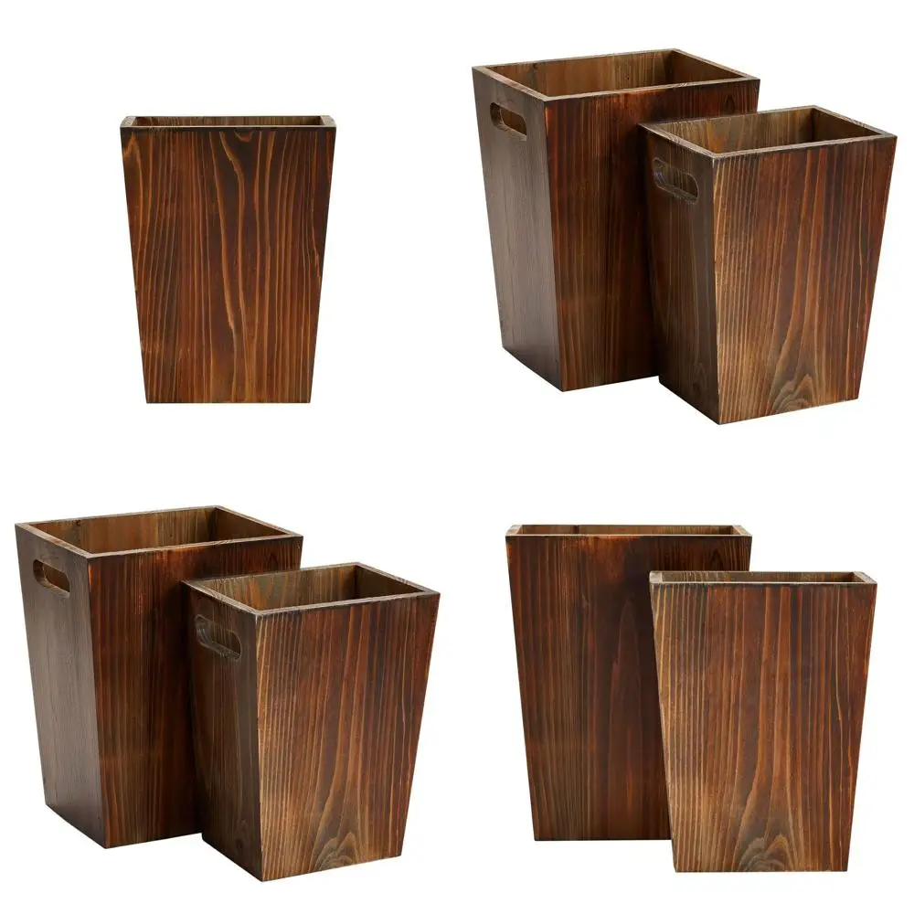 

Rustic Farmhouse Wooden Trash Cans - Set of Two Square Wastebaskets with Handles (Brown, Small & Large) for Home or Office Bathr