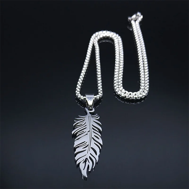 Boho Feder Anhänger Männliche Halskette für Frauen Männer Edelstahl Silber Farbe Blatt Kette Schmuck Geschenk kragen hombre N3393S01 – Detail 8