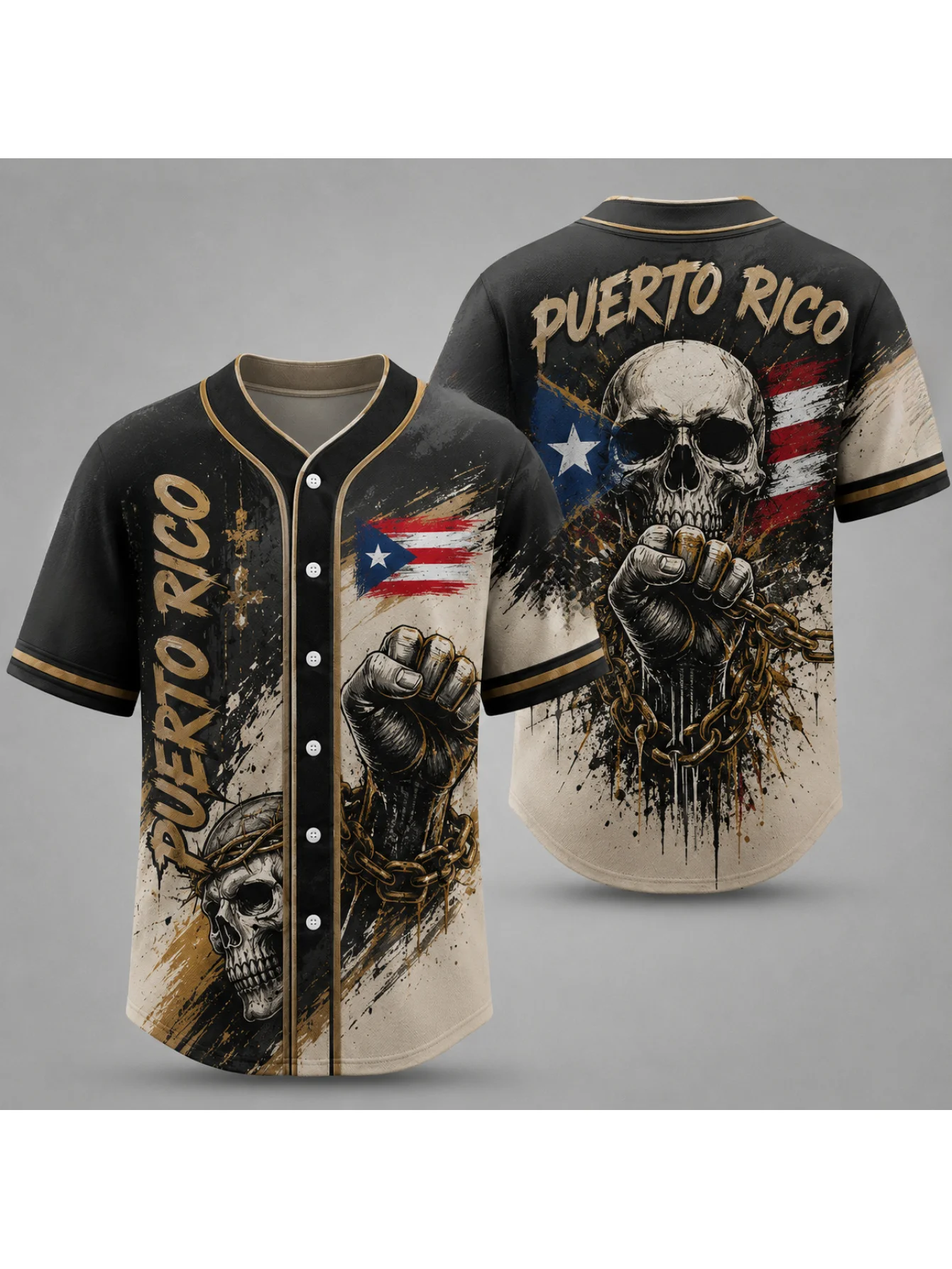 Puerto Rico Skull Baseball Jersey Vintage Gothic Flag Print Breathable Button Shirt Casual Sports Uniform For Men Wome