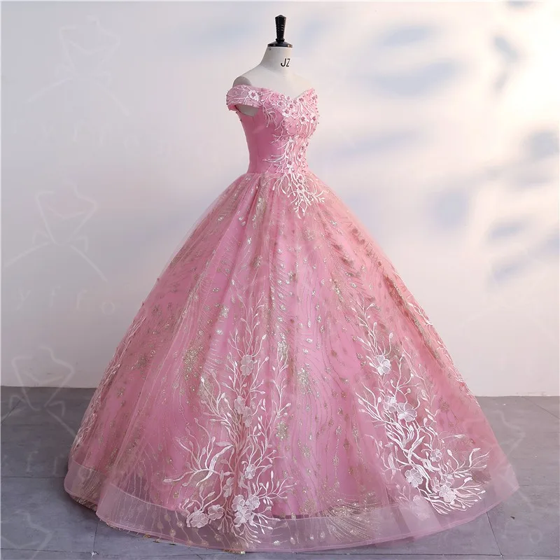 ใหม่สีชมพู Vestidos Classic Sequin Quinceanera ชุด Elegant ปิดไหล่ชุดไปงานเต้นรำ Shinny ชุดเดรสปาร์ตี้หรูหราชุดอย่างเป็นทางการ