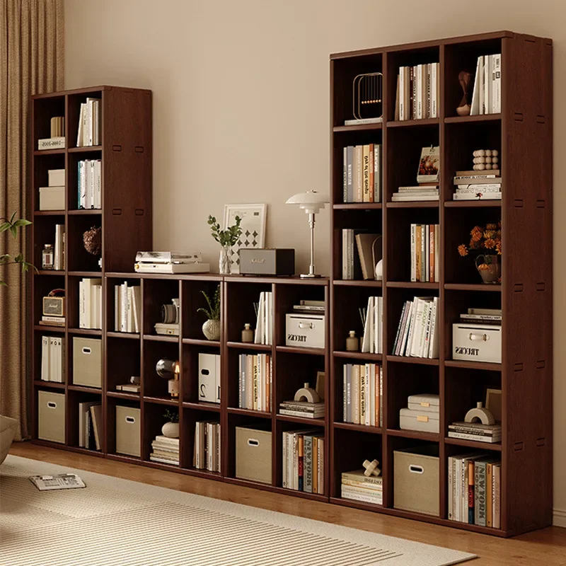 All solid wood bookshelf whole wall bookcase integrated new Chinese living room walnut color full wall home shelf display cabine