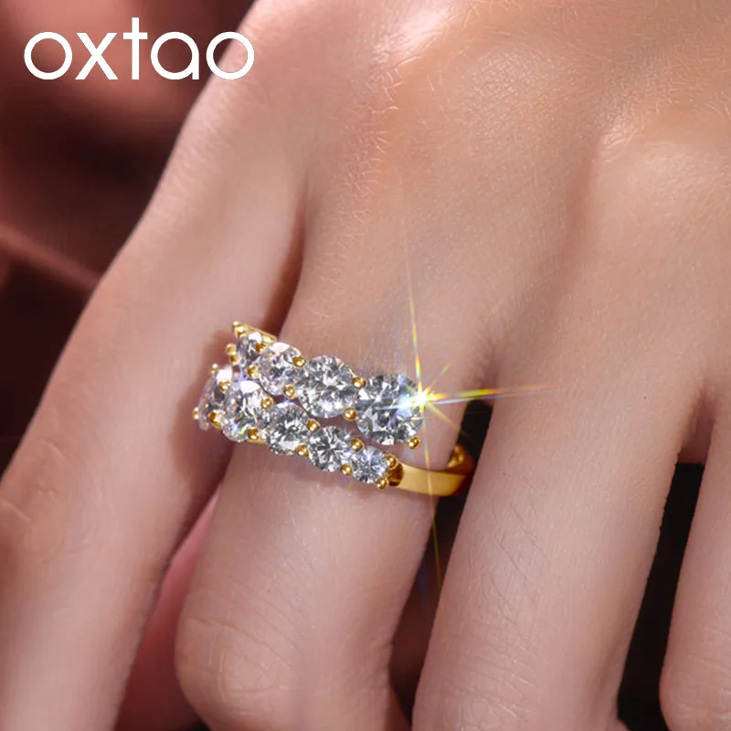 OXTAO 10 Edelsteine Voll-Moissanit Twist-Ringe für Damen Funkelnder Laborgezüchteter Diamant Ehering Schmuck 14K Gold gefüllt